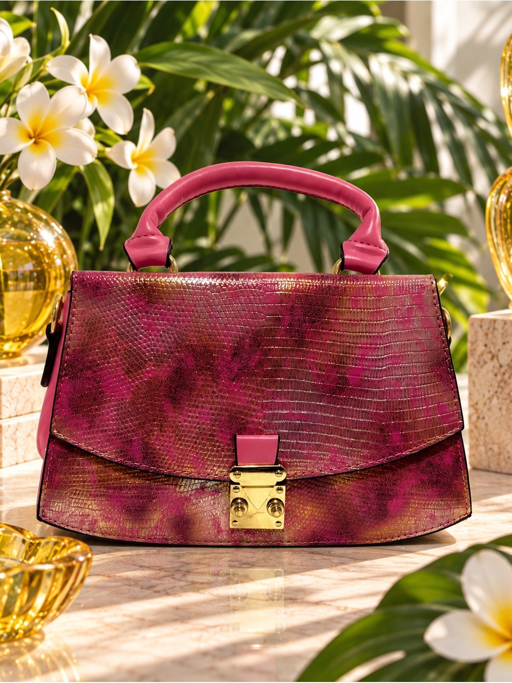 Genuine Lizard Leather Berry Pink & Gold | Exotic Top Handle Satchel
